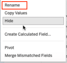 Initiating field rename in Tableau.