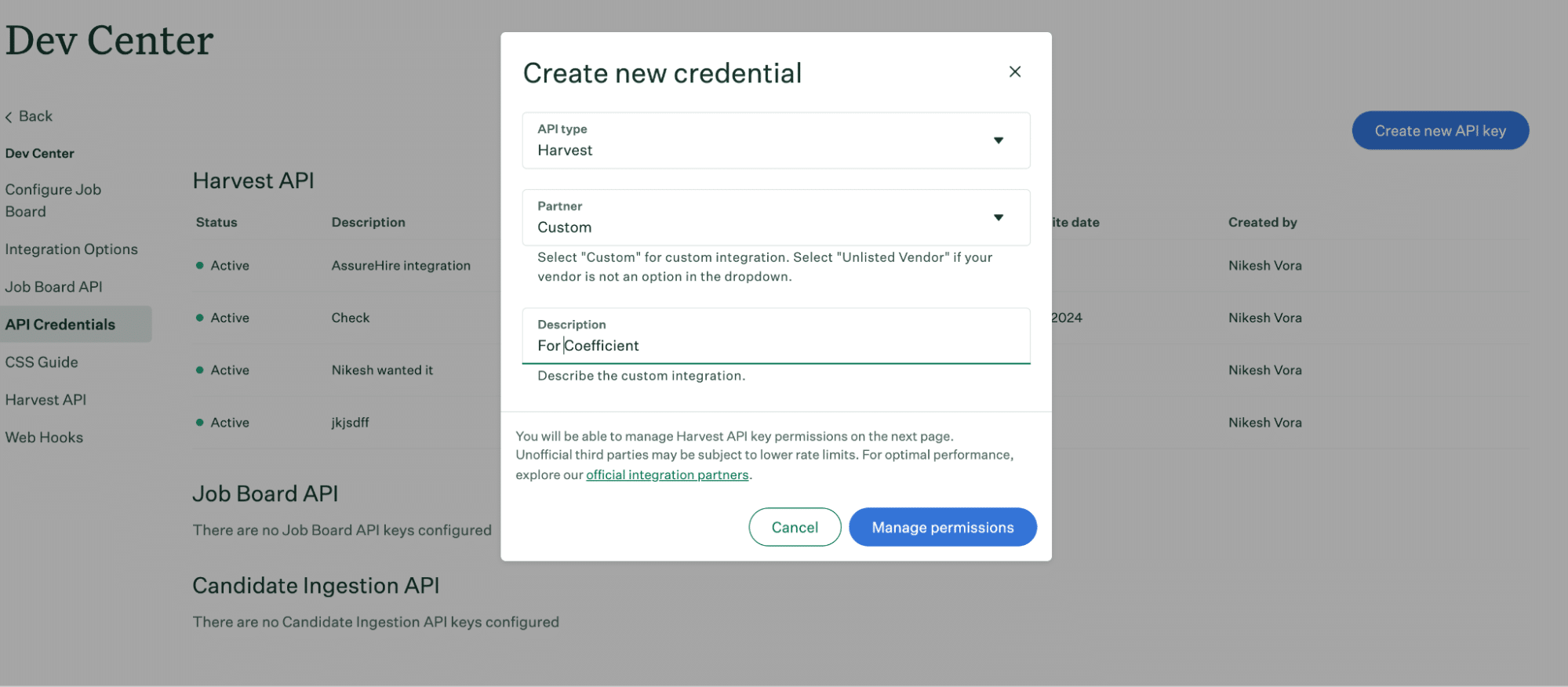 Selecting 'Harvest' type and managing permissions for a new Greenhouse API key in Excel.
