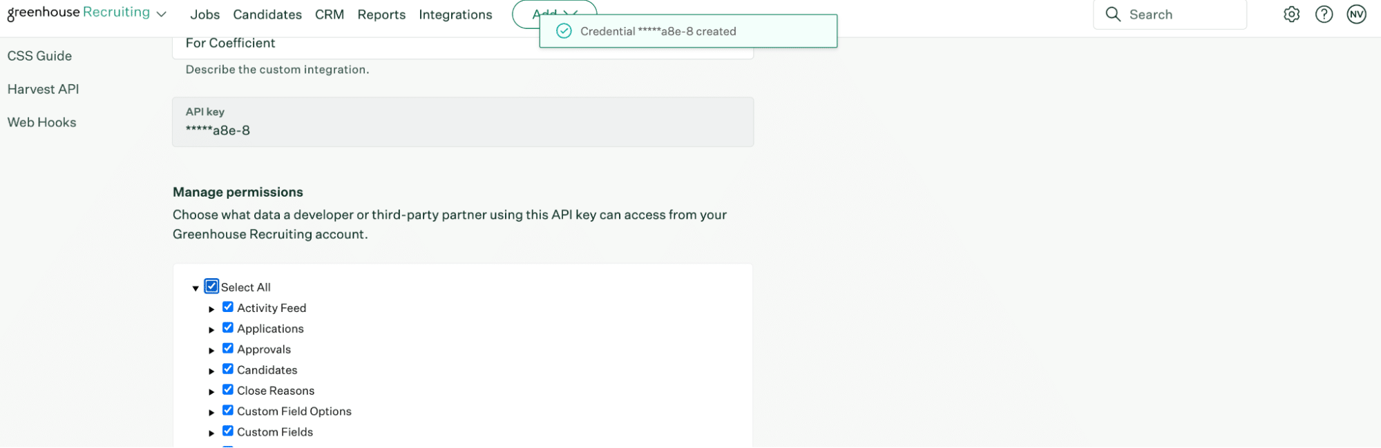 Selecting specific permissions for the Greenhouse API key in Excel.