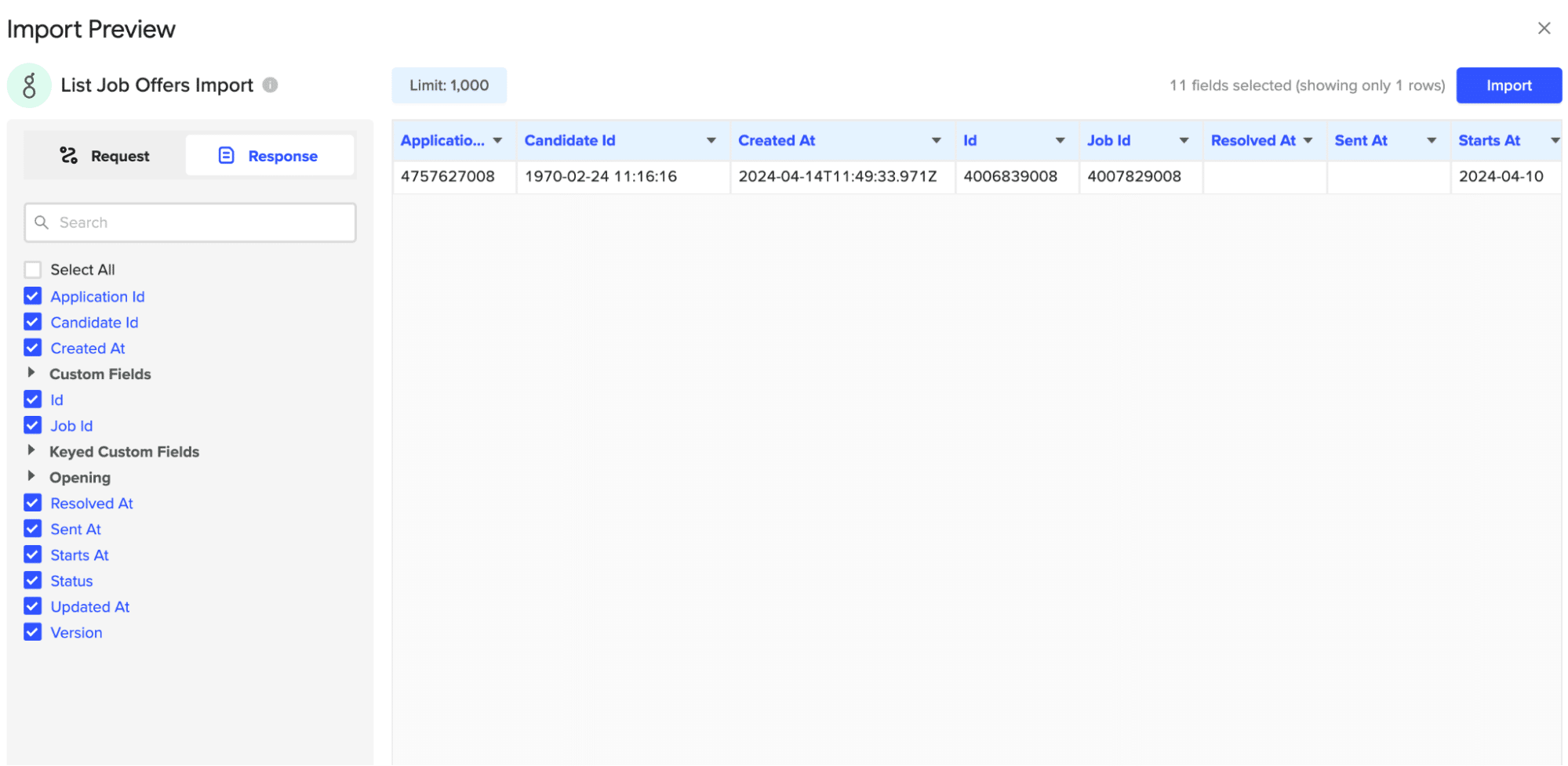 Selecting the 'List Jobs' endpoint from Greenhouse for data import into Excel.