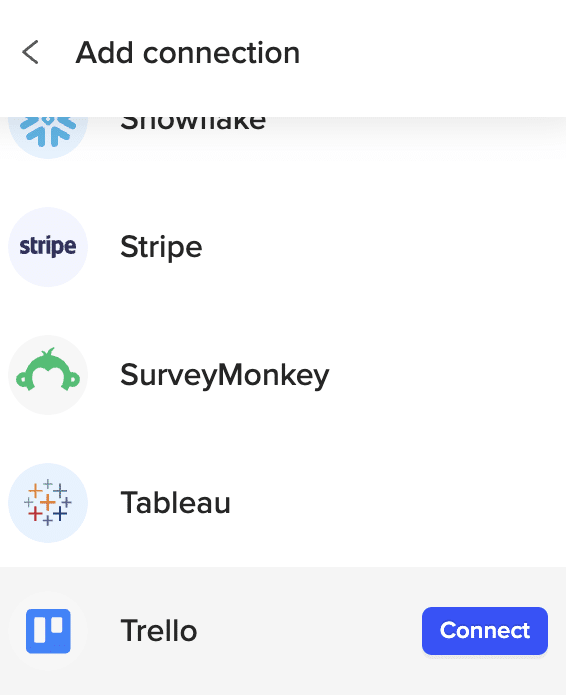 Selecting Trello from the dropdown menu and clicking 'Connect' in Microsoft Excel.