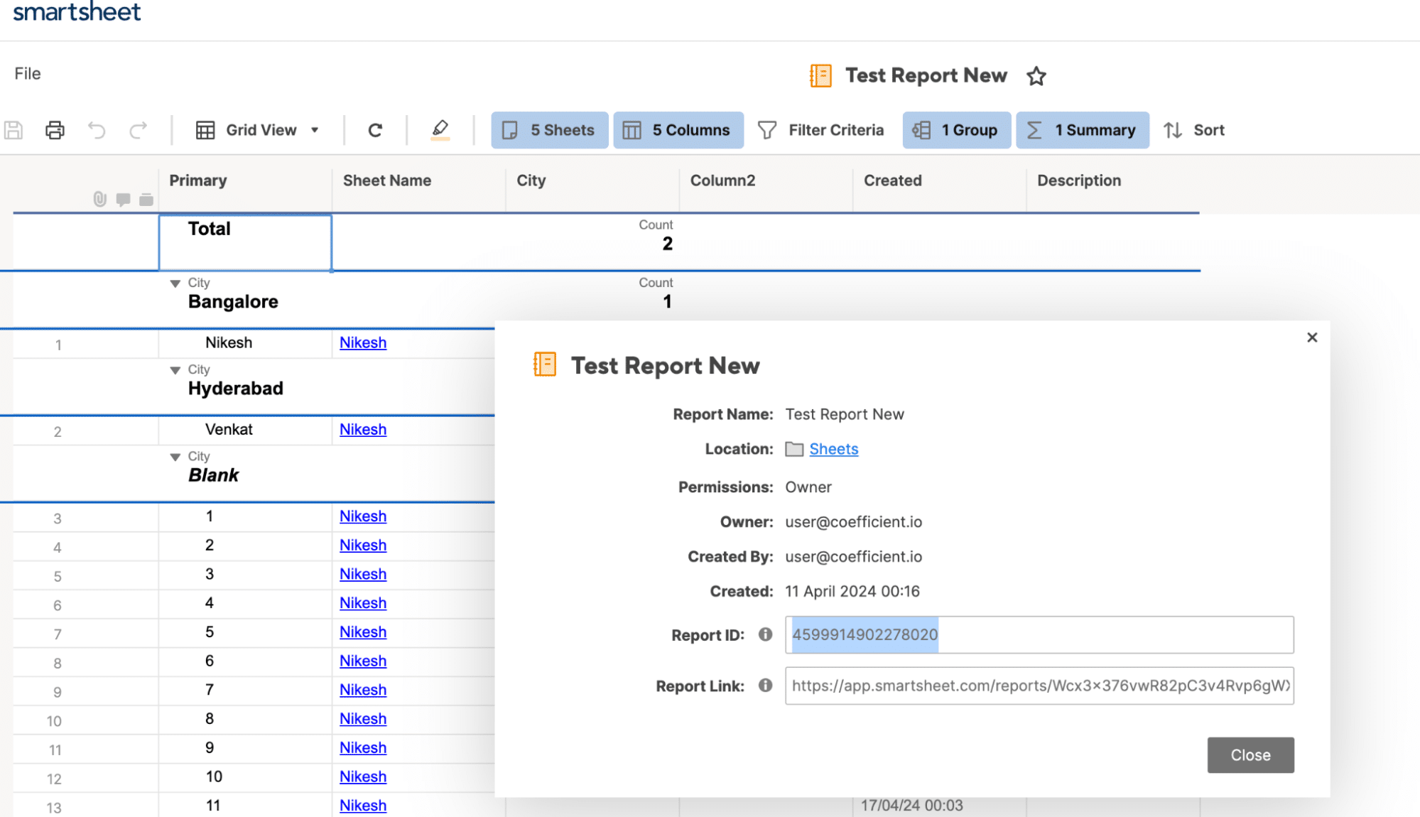Access Report ID by navigating to the desired report in Smartsheet and clicking 'File' > 'Properties'