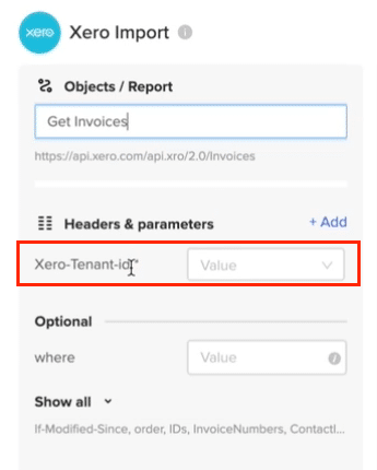 The Tenant ID field populated for the selected Xero organization in Coefficient.