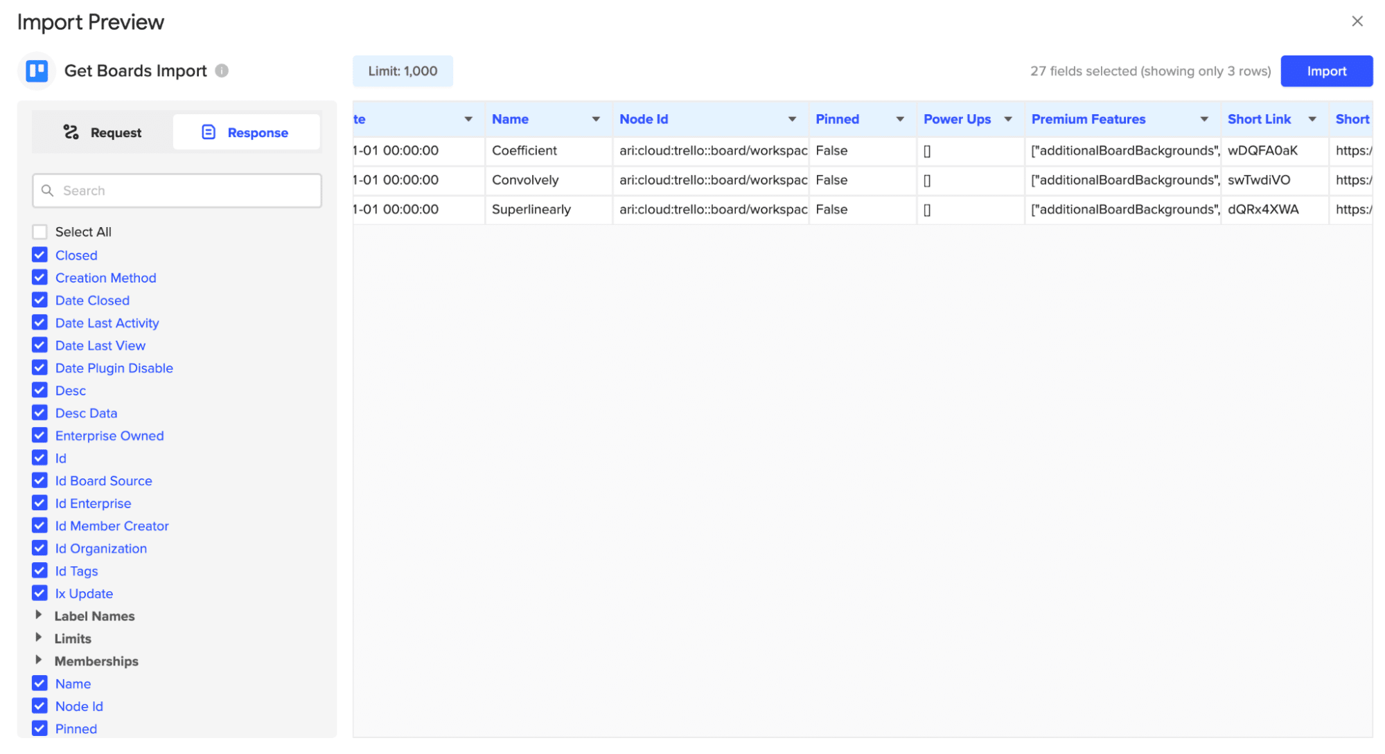 Trello boards data in the import preview menu