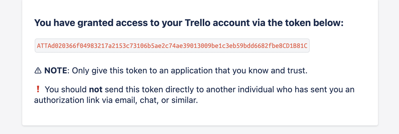 The Trello token copied before pasting into Excel.