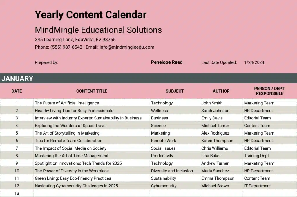 yearly content calendar template