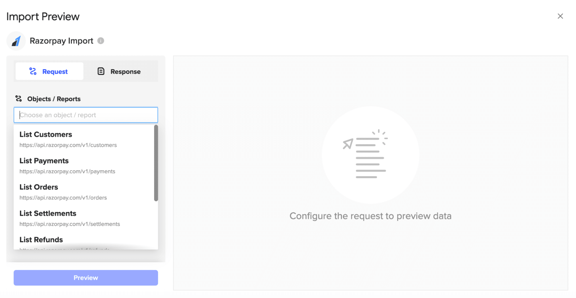 Clicking the "Start from Scratch" button in the Coefficient dashboard to open the Import Preview window.
