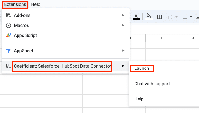 The Google Sheets menu with Coefficient now listed under Extensions.