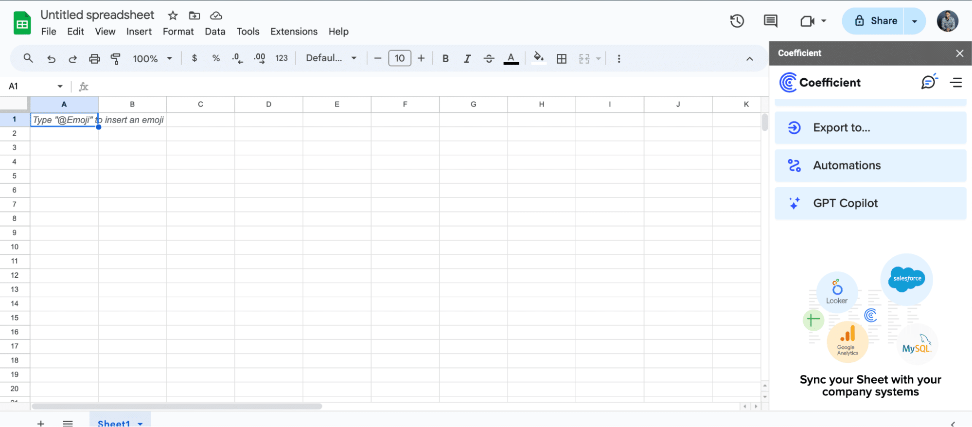 The Google Sheets menu with Coefficient now listed under Extensions