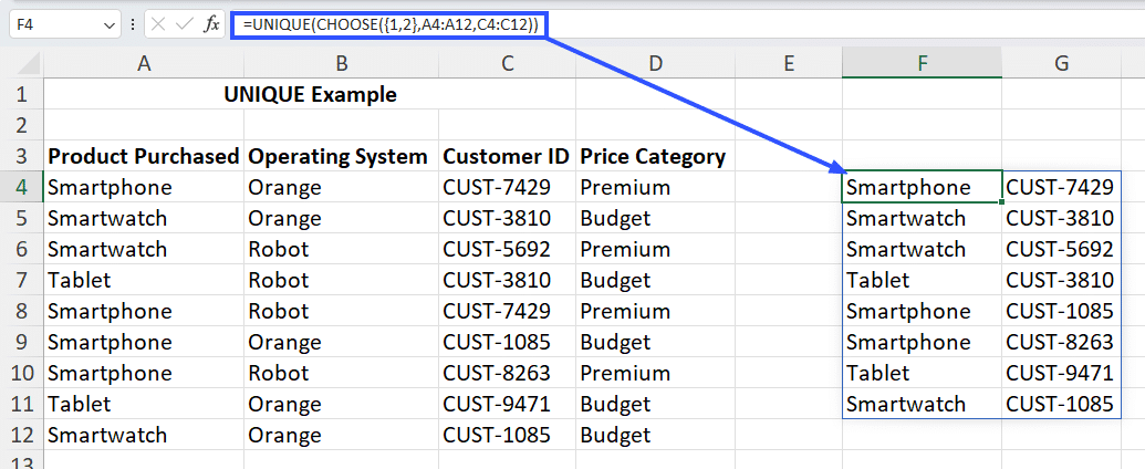 combine excel unique and choose functions