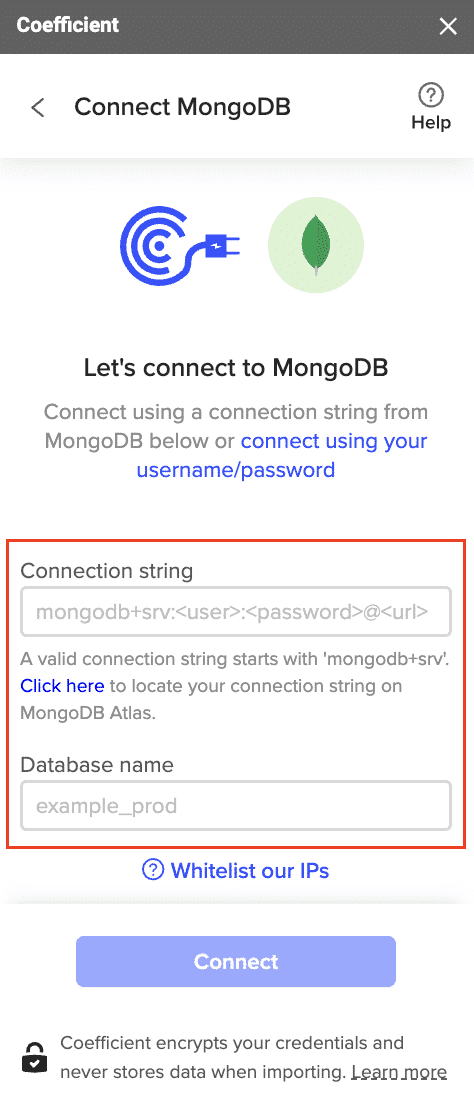 Choose MongoDB as your data source in Coefficient sidebar