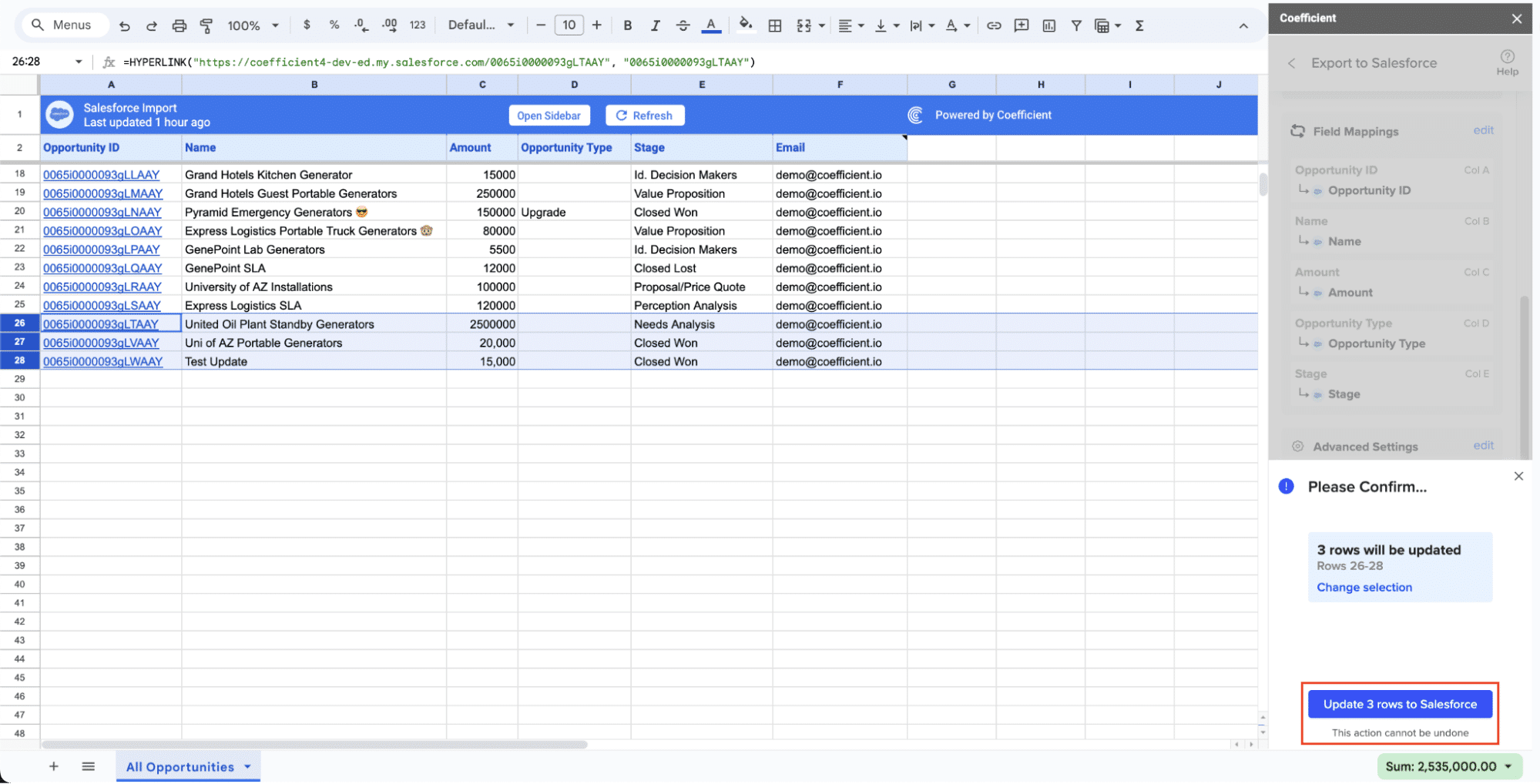 Click on "Update Rows in Salesforce" to push the data from Google Sheets to Salesforce
