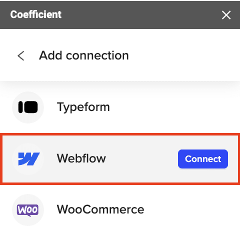 select webflow as a data source for google sheets
