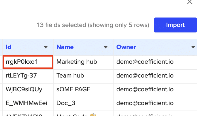 identify coda id to pull into excel