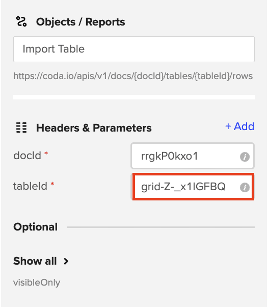 provide coda parameters for excel import