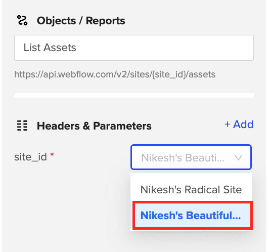 edit webflow parameters for data pull into google sheets