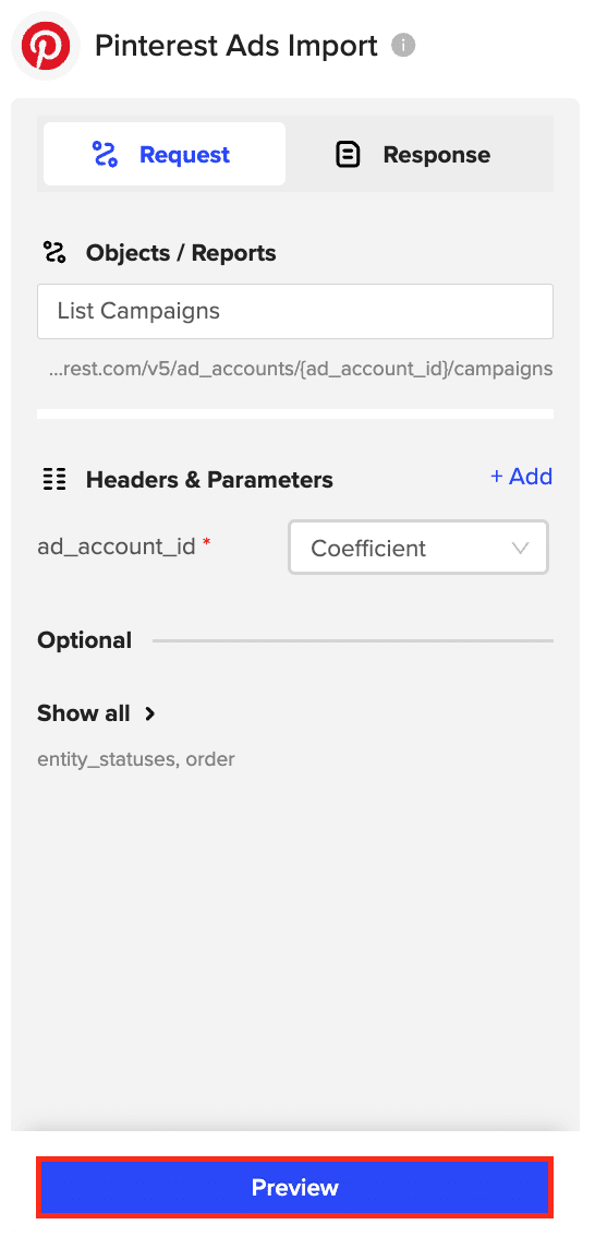 select pinterest ads account to pull data into google sheets