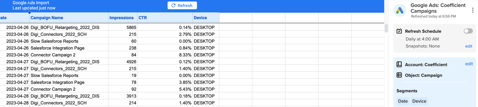 Google Ads Data Exported into Google Sheets