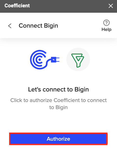authorize bigin to excel connector