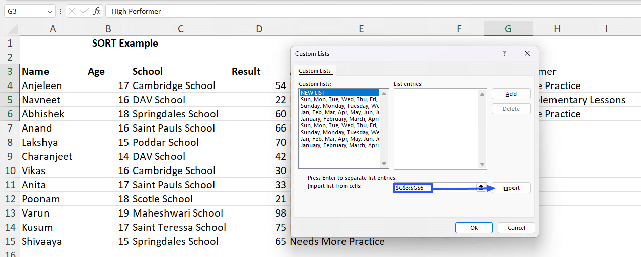 import list from cells excel