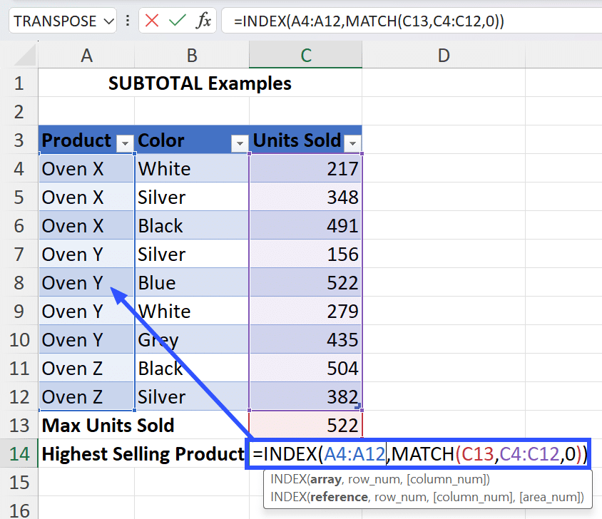 index match in subtotal