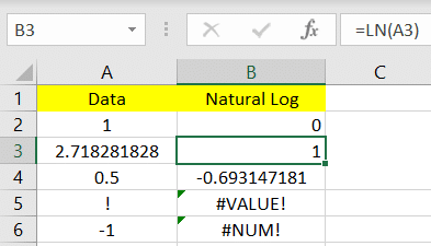 ln result in excel
