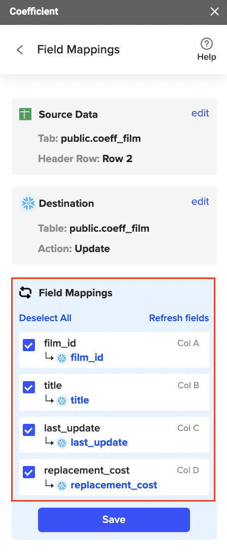 map fields from sql server to snowflake