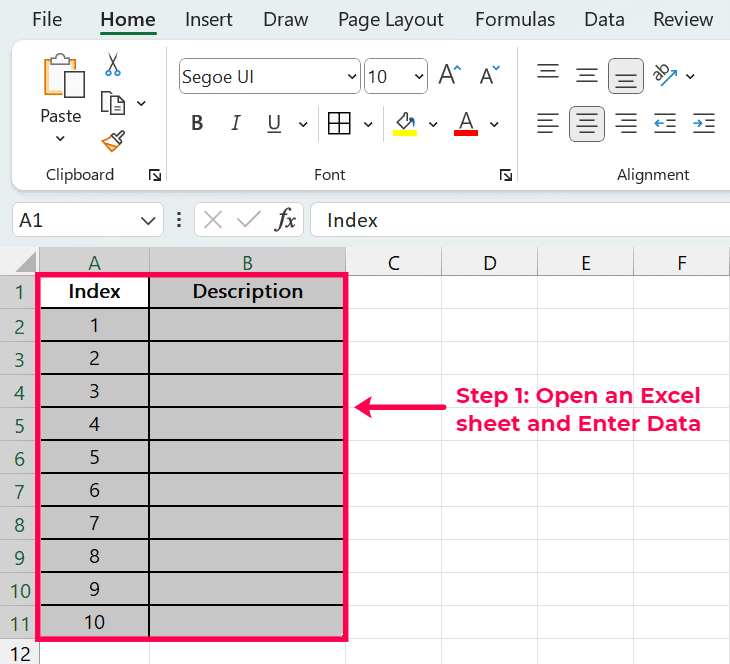 open excel sheet and enter data
