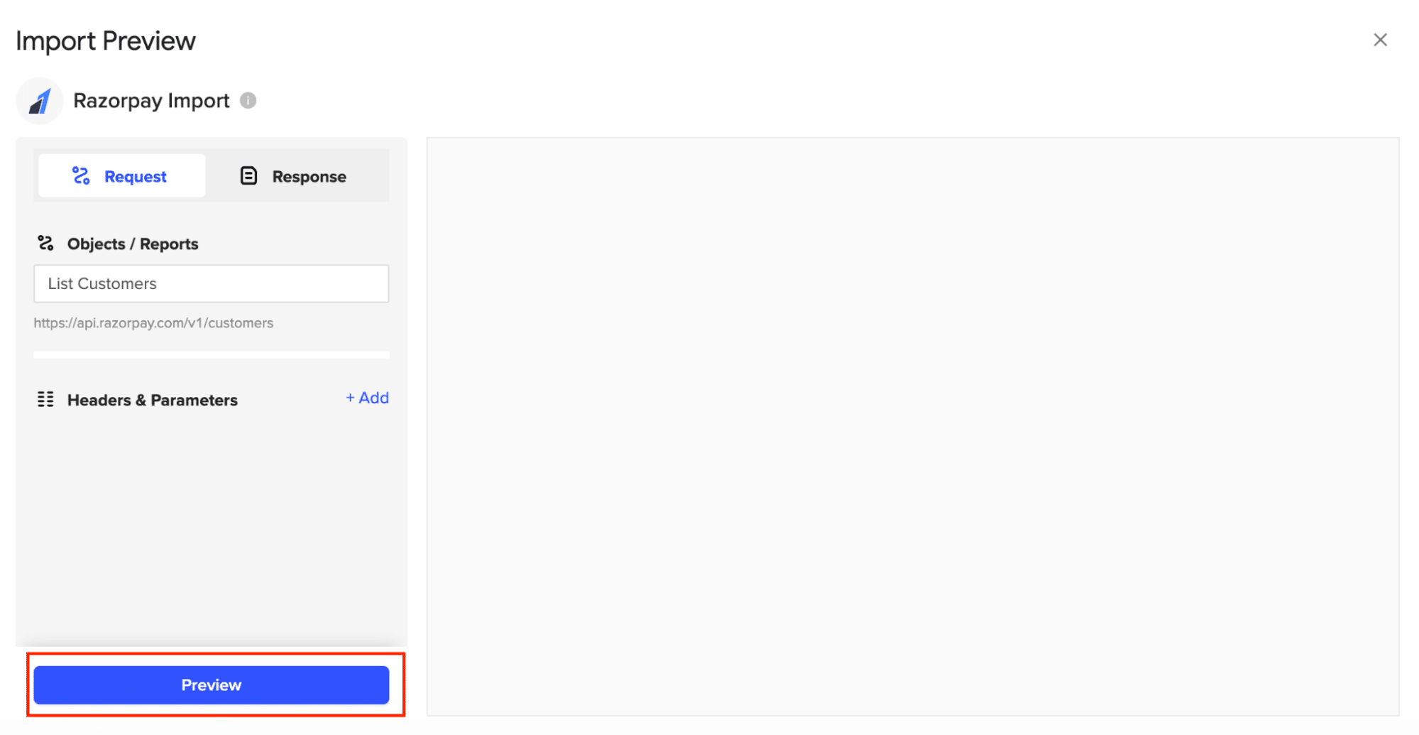 Scrolling through a variety of options like Customers, Payments, Orders in Coefficient's no-code Import Preview menu.