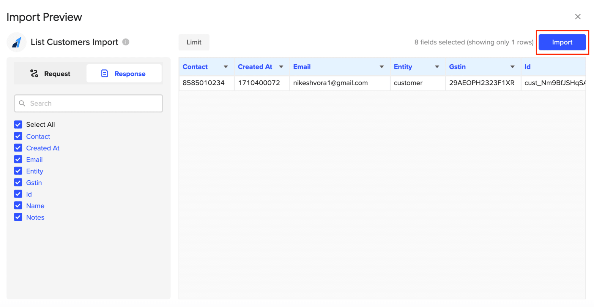 Selecting the 'Customers' option from the Coefficient import menu and clicking the 'Preview' button.