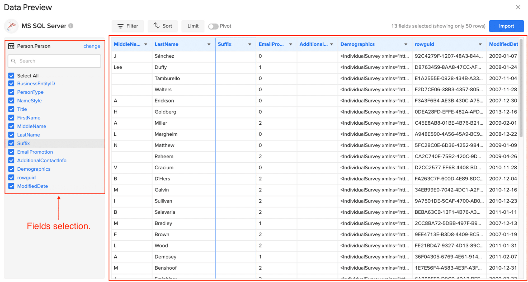 select sql server fields to migrate