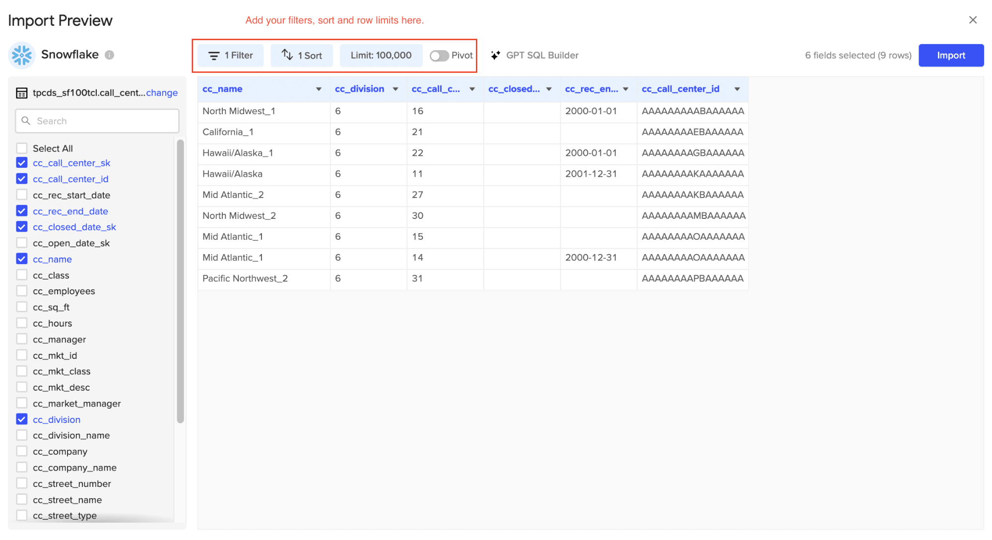 snowflake filter sort row limits