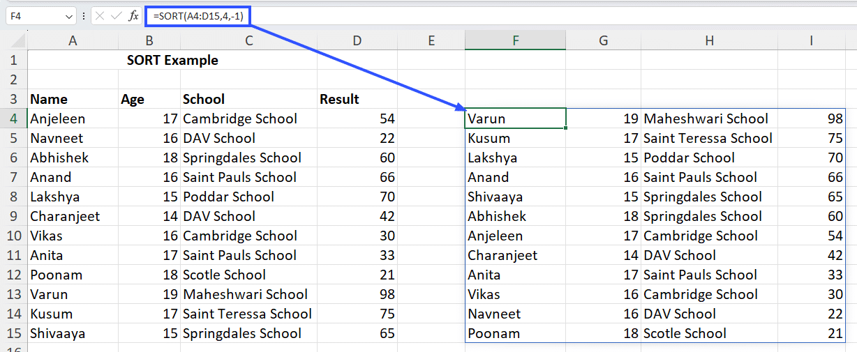 sort an array by result in excel