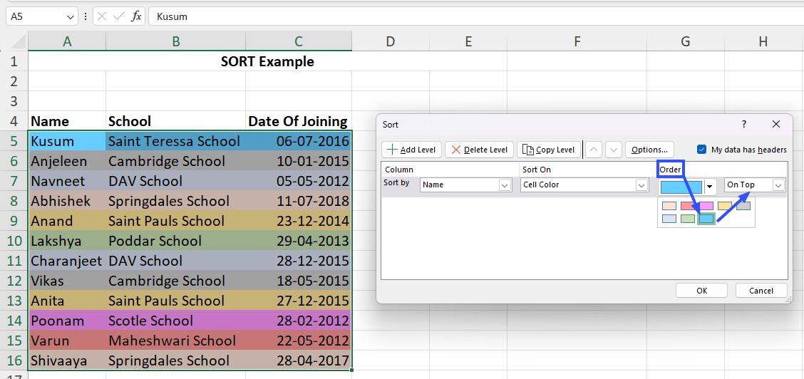 select sort color in excel