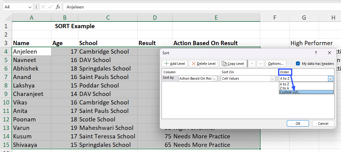 sort by order in excel based on custom list