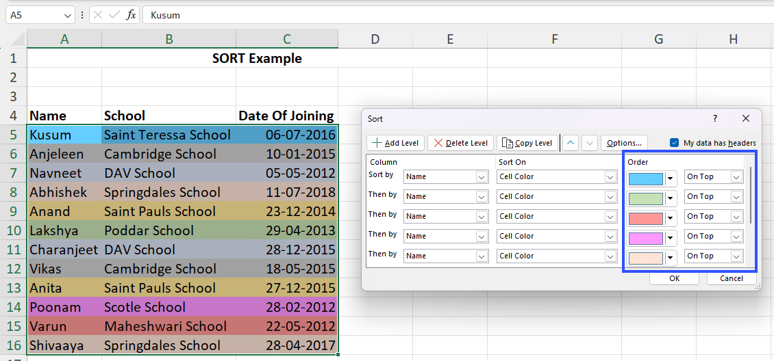 sort order by color in excel