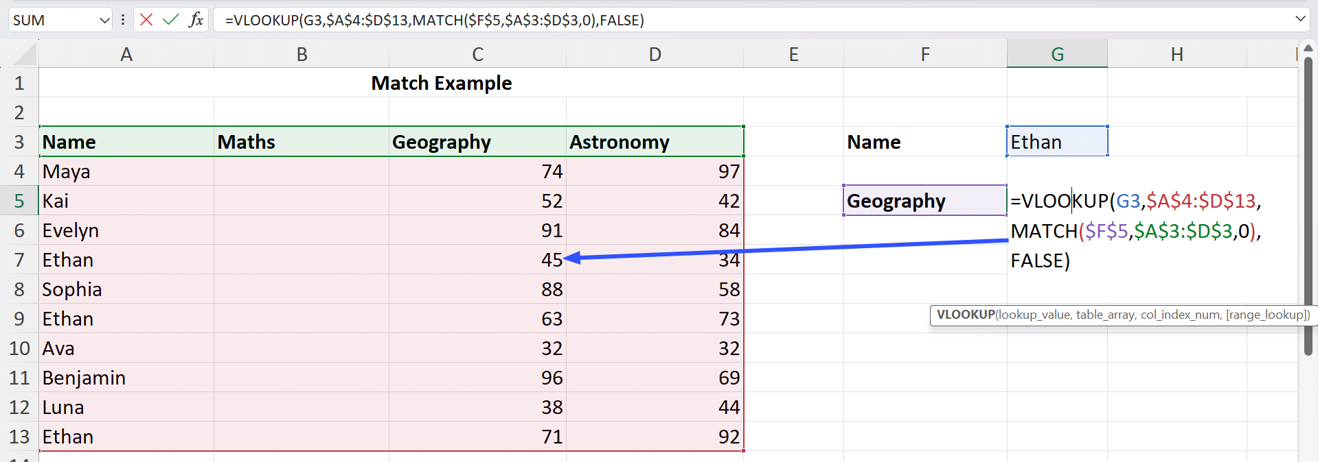 vlookup output with match