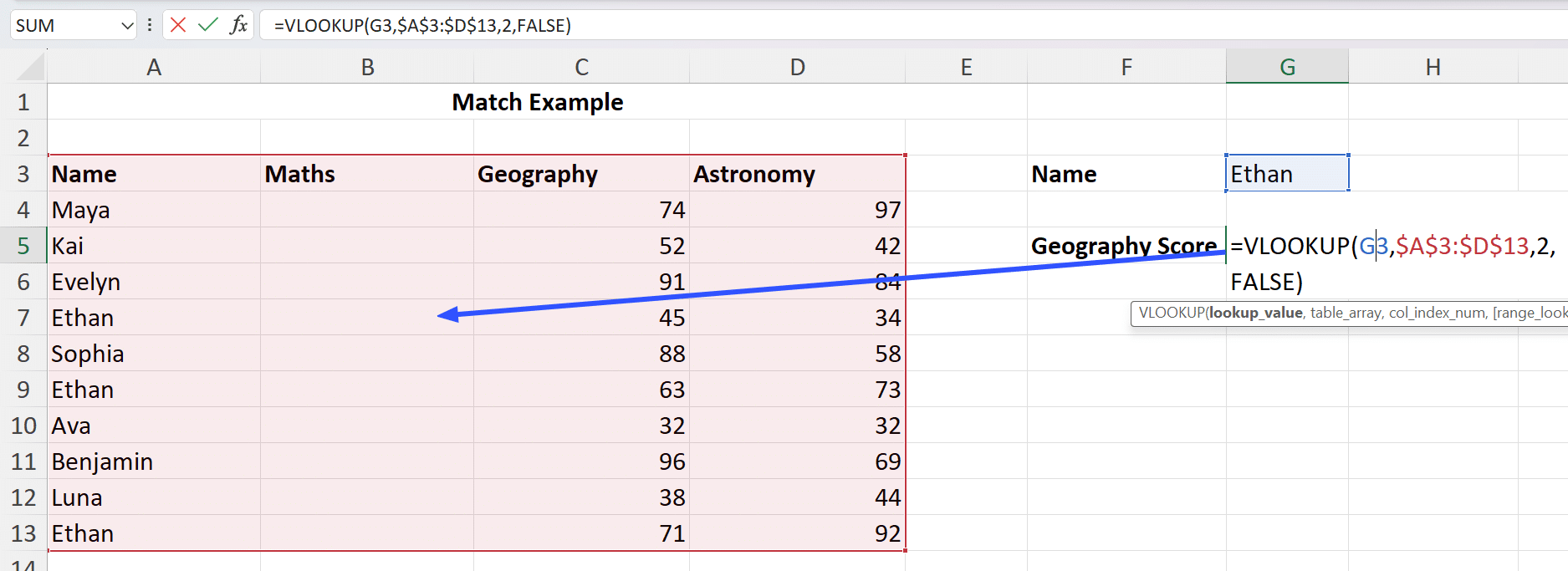 vlookup with match example