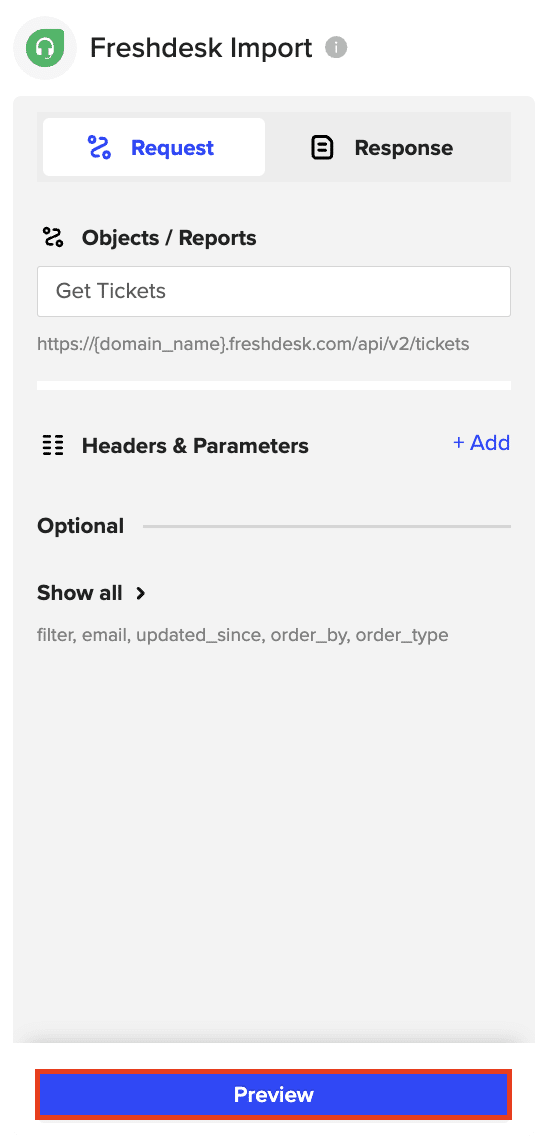 Adding filters to refine your data import, such as searching for a specific requester’s email.