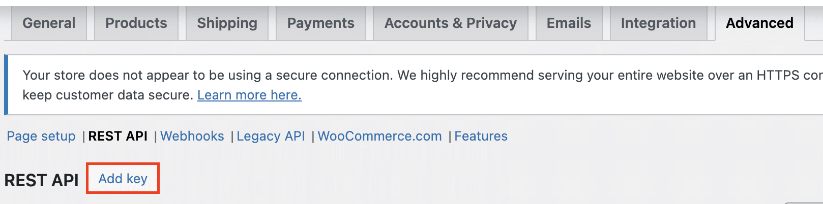 Clicking “Add key” to generate a new API key in WooCommerce.