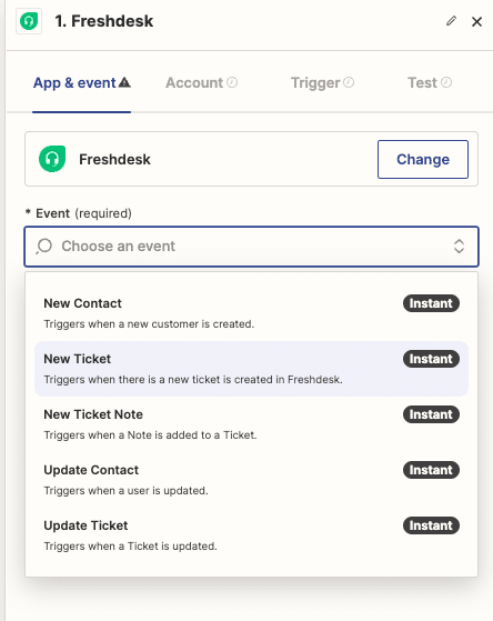Choosing the event that will kick off the automation, such as “New Ticket.”