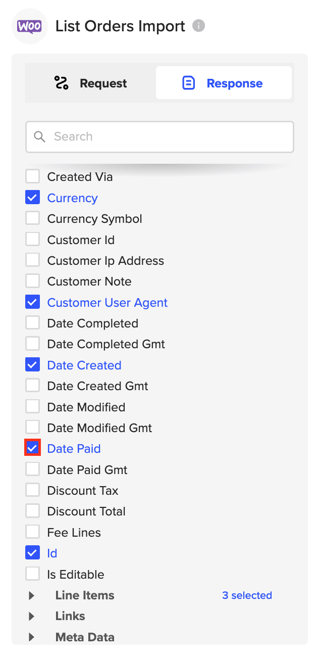 Choosing fields to include in the import and clicking “Import” to fetch the data into Excel.