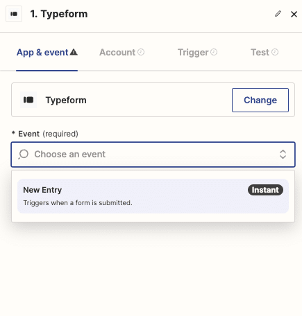 Choosing the trigger event, such as “New Entry” in Zapier.