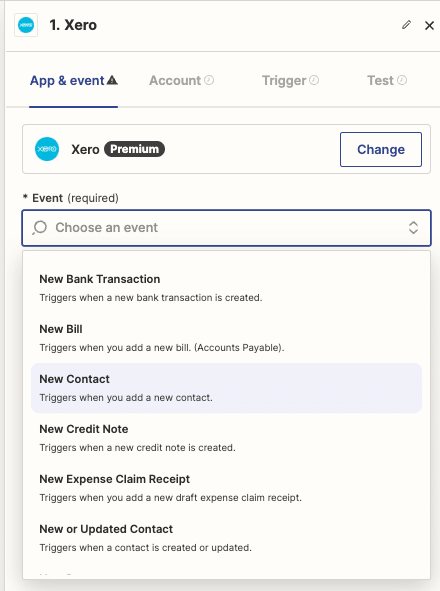 Choosing a trigger event from the list, such as “New Invoice” or “New Contact.”