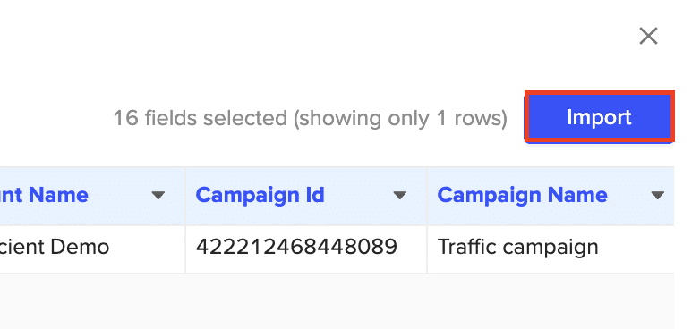 Configuring specific metrics and dimensions for import and clicking “Import.”