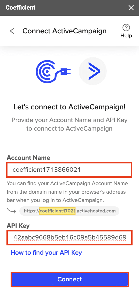 Entering ActiveCampaign account name and API key, then hitting “Connect.”