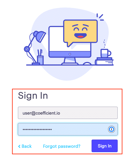 Entering your username and password and clicking “Sign In” to authorize Coefficient.