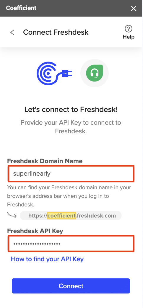 Entering your Freshdesk API key and clicking “Connect.”