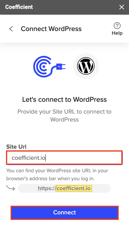 Entering your WordPress site URL and authorizing the connection.