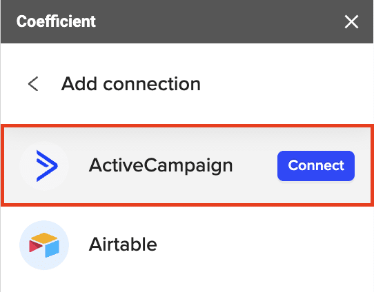 Finding “ActiveCampaign” in the list and clicking “Connect.”